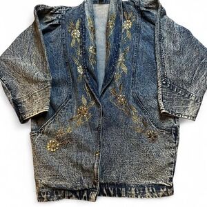 Vintage 80s acid wash denim duster jacket gold floral design size‎ small